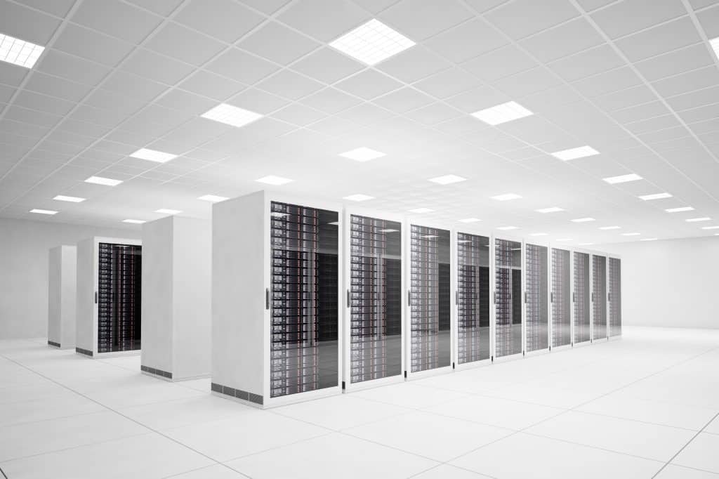 Data Center with 4 rows of servers for Redmine Hosting