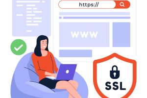 A vector woman sitting on beanbag, searching for a website.